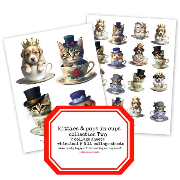 Whimsical Kitties and Pups in Cups Collage Sheet Collection Two