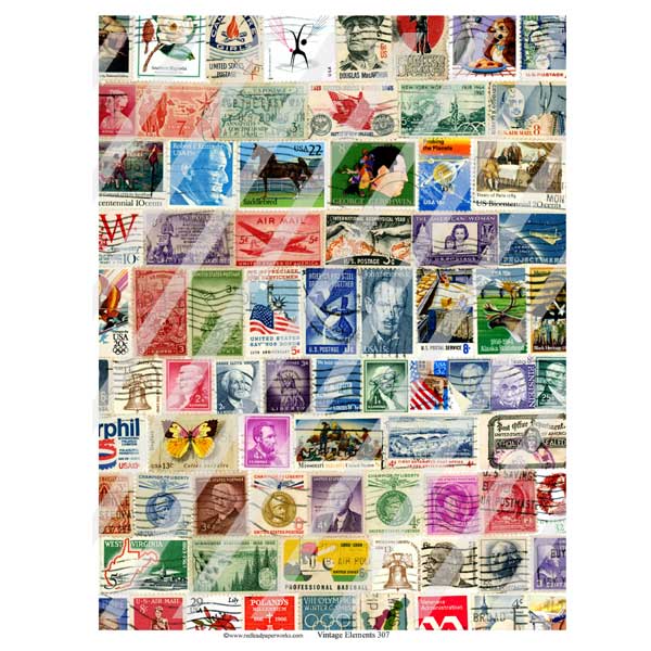 Vintage Elements 307 Postage Stamps Collage Sheet