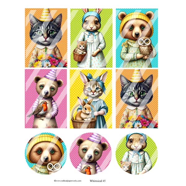 Whimsical 45 Animal Artist Trading Cards Collage Sheet