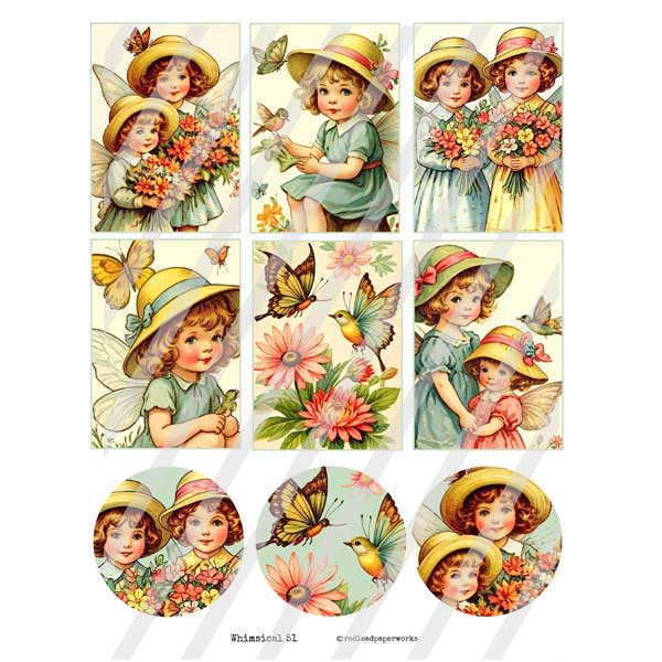 Whimsical 51 Garden Fairies Artist Trading Card Collage Sheet